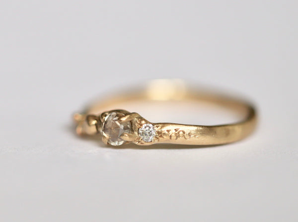 Size view of the Cece ring by Katie Rose Jewellery which features a rose cut champagne diamond, a 2mm round diamond and beading detail. 
