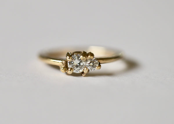 Annie ring by Katie Rose Jewellery - 19ct Gold ring featuring two diamonds and beading detail on a light gray background