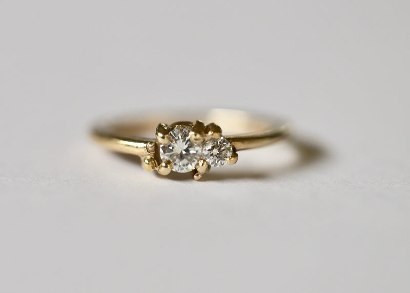 Annie ring by Katie Rose Jewellery - 19ct Gold ring featuring two diamonds and beading detail on a light gray background